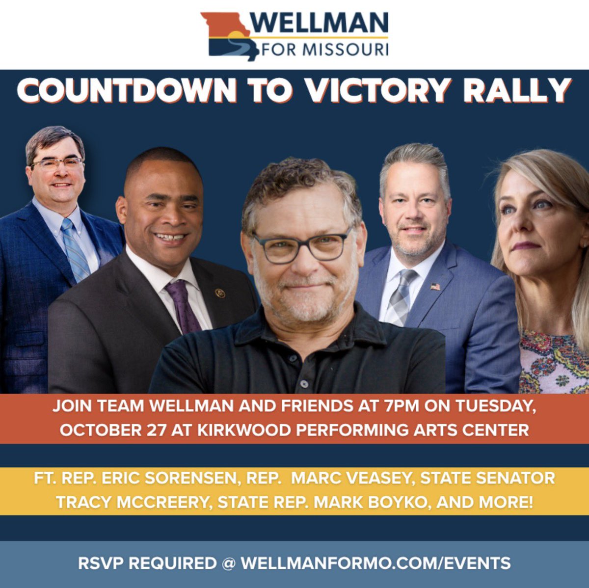 WellmanForMO's tweet photo. 🚨 LAST CHANCE TO RSVP!

TONIGHT, we're coming together in Kirkwood for our Countdown to Victory Rally! Election Day is just ONE WEEK away, and we want you there as we celebrate and look ahead to November 3.

🎟️ Reserve your spot below now 👇

#TeamWellman #MO02 #StLouis https://t.co/5SGAGEdaUy