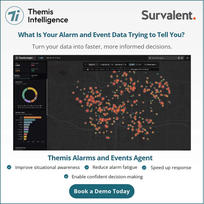 Promotional graphic for Themis Intelligence (a Survalent company) titled 'What Is Your Alarm and Event Data Trying to Tell You? Turn your data into faster, more informed decisions.' Screenshot shows the Themis Insight dashboard with a dark-mode map view of alarm clusters across a city, plus side panels for severity mix, top alarm types, and alarm totals (4,800 total, 635 critical/high, 2,973 pending, 720 breaker ops). Below the screenshot, heading reads 'Themis Alarms and Events Agent' with four checked benefits: Improve situational awareness, Reduce alarm fatigue, Speed up response, and Enable confident decision-making. A teal 'Book a Demo Today' button appears at the bottom.