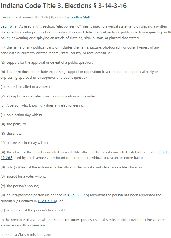 jstewartIndy's tweet photo. I'm no lawyer, but doesn't Indiana law ban making a "verbal statement... indicating support or opposition to a candidate... before election day within the office of the circuit court clerk... used as an absentee voter board" https://t.co/mn1E5P4I9U