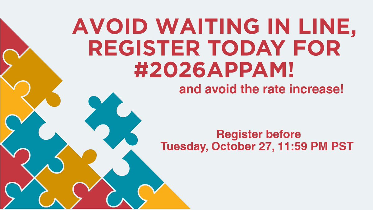 APPAM_DC's tweet photo. If you have been waiting to register for #2026APPAM, it's time! 
Register by 10/27 at 11:59 pm PST to avoid the rate increase and the on-site registration line. Register now: https://t.co/tJJ4XnAfVa https://t.co/XSZm9pbP9N