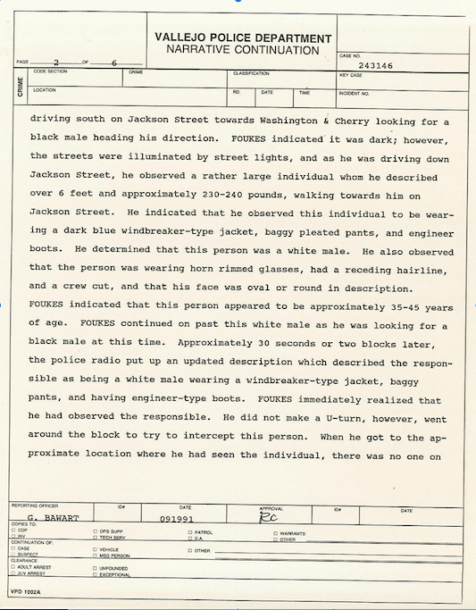 xbtDraco's tweet photo. The 1991 Vallejo police report on Fouke's interview, pages 1, 2, 3 and 5 of 6. Page 2 has the new description. Page 3 is where he denies talking to the man. Page 5 is the Allen photos. https://t.co/sI3TzVSxli