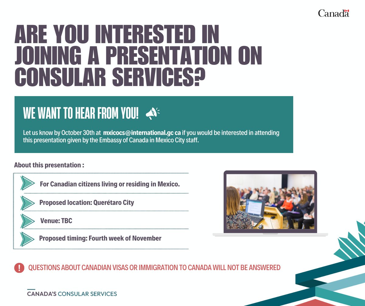 CanEmbMexico's tweet photo. Canadian citizens in Querétaro: We'd like to hear from you📣 
The Embassy of Canada in Mexico is considering an in-person presentation on consular services. Interested? Email mxicocs@international.gc.ca by October 30. Your response will help us assess interest and plan the event. https://t.co/il8mC2Ll7h
