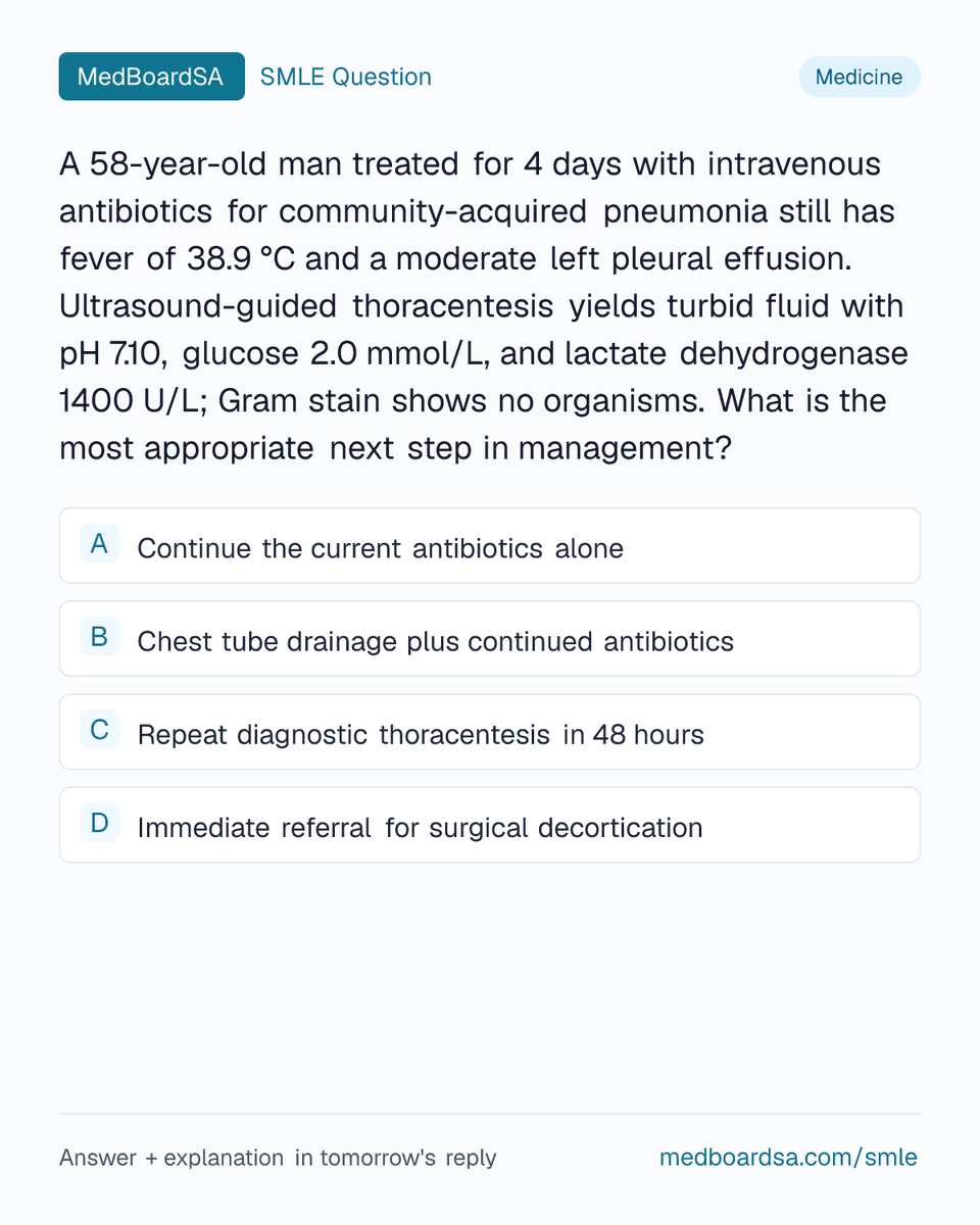 MedBoardSa's tweet photo. 🩺 SMLE Question — Medicine
Test yourself — reply with your answer 👇
Answer revealed tomorrow.
#SMLE #MedEd #MedTwitter https://t.co/5IlQnW9Iu6