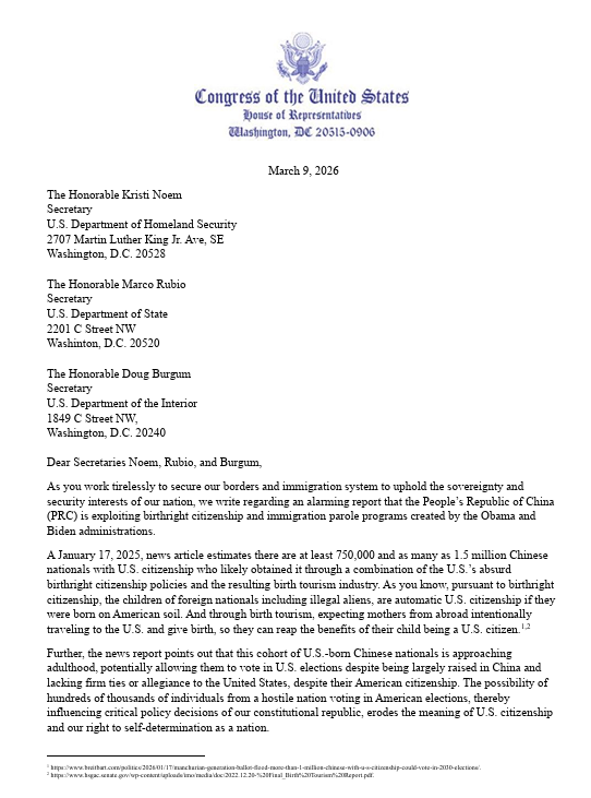 President Trump and DHS are suspending a Biden-era visa-free travel program for Chinese nationals because of the national security risks and potential for birth tourism. CRA has long warned about the abuse of birthright citizenship and has made the case that citizenship requires
