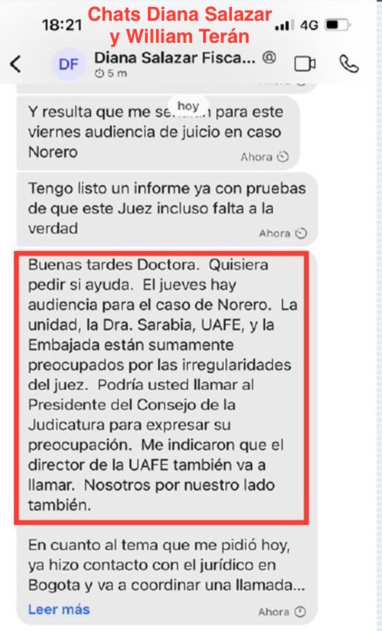 PrisSchettini's tweet photo. 🚨 #DianaSalazar afirmó en  @eluniversocom:“Los indicios de que un partido político (correísmo) estaba relacionado con el crimen organizados salieron a raíz del #CasoMetastasis” vinculándolo al #CasoLaberinto donde se investiga a @LuisaGonzalezEc. Pero las pruebas y los chats revelan otra realidad:

1) Chats de Norero: En el propio #CasoMetastasis se menciona a la Ex Fiscal General Diana Salazar, Norero en sus chats aseguraba que la Fiscal se va a “quedar tranquila”con las “MEDIDAS SUSTITUTIVAS”q pidió. 

2)En el Caso metástasis, se evidenció que Norero mando a “visitar” al ex Fiscal Subrogante Wilson Toainga a su oficina.

PREGUNTA: Quién realmente le hacía los favores judiciales a Norero? ⬆️⬆️

3) Tráfico de influencias: En los chats entre #DianaSalazar y el expresidente de la Judicatura, #WilmanTerán, la Fiscal pidió ayuda a Terán en los casos METÁSTASIS, Merizalde, Las Torres,Purga y PLAGIO

Así se cae el falso relato de #DianaSalazar 

¡En este país la justicia está en manos de #Sicarios!