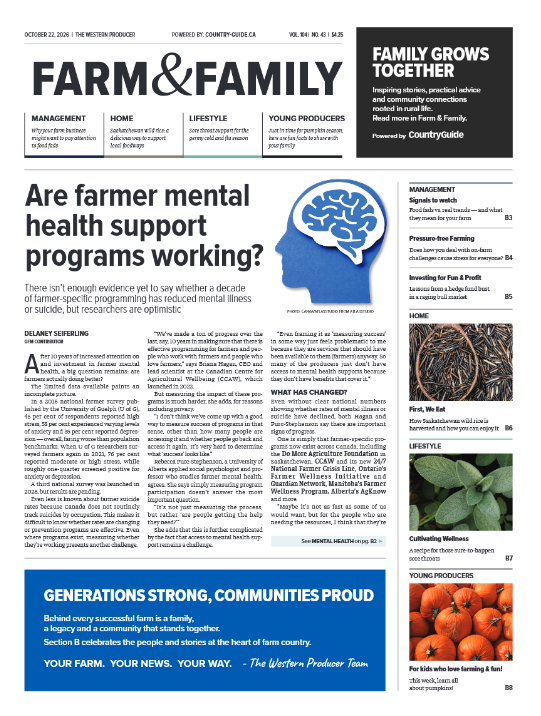 CntryGuide's tweet photo. In last week's issue of Farm &amp; Family, powered by Country Guide and found in your Western Producer Media:
✔️ Are farmer mental support programs working? This report finds that there isn't enough evidence yet to say definitively, but researchers are optimistic.

MORE ⬇️⬇️⬇️ https://t.co/jjwud2974l