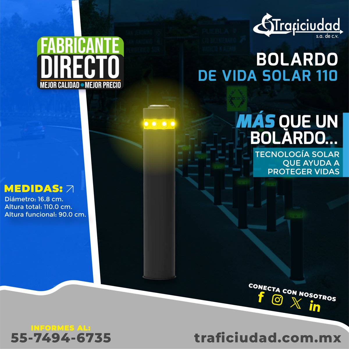 traficiudad's tweet photo. El Bolardo de Vida Solar 110 combina resistencia, tecnología LED y energía solar para delimitar zonas peatonales, mejorar la visibilidad nocturna y brindar mayor protección vial.
#señalamientovial #bolardos #LED #atopista #cuchillas #delimitar #CDMX #Edomex #Lerma https://t.co/yXNRScQolY