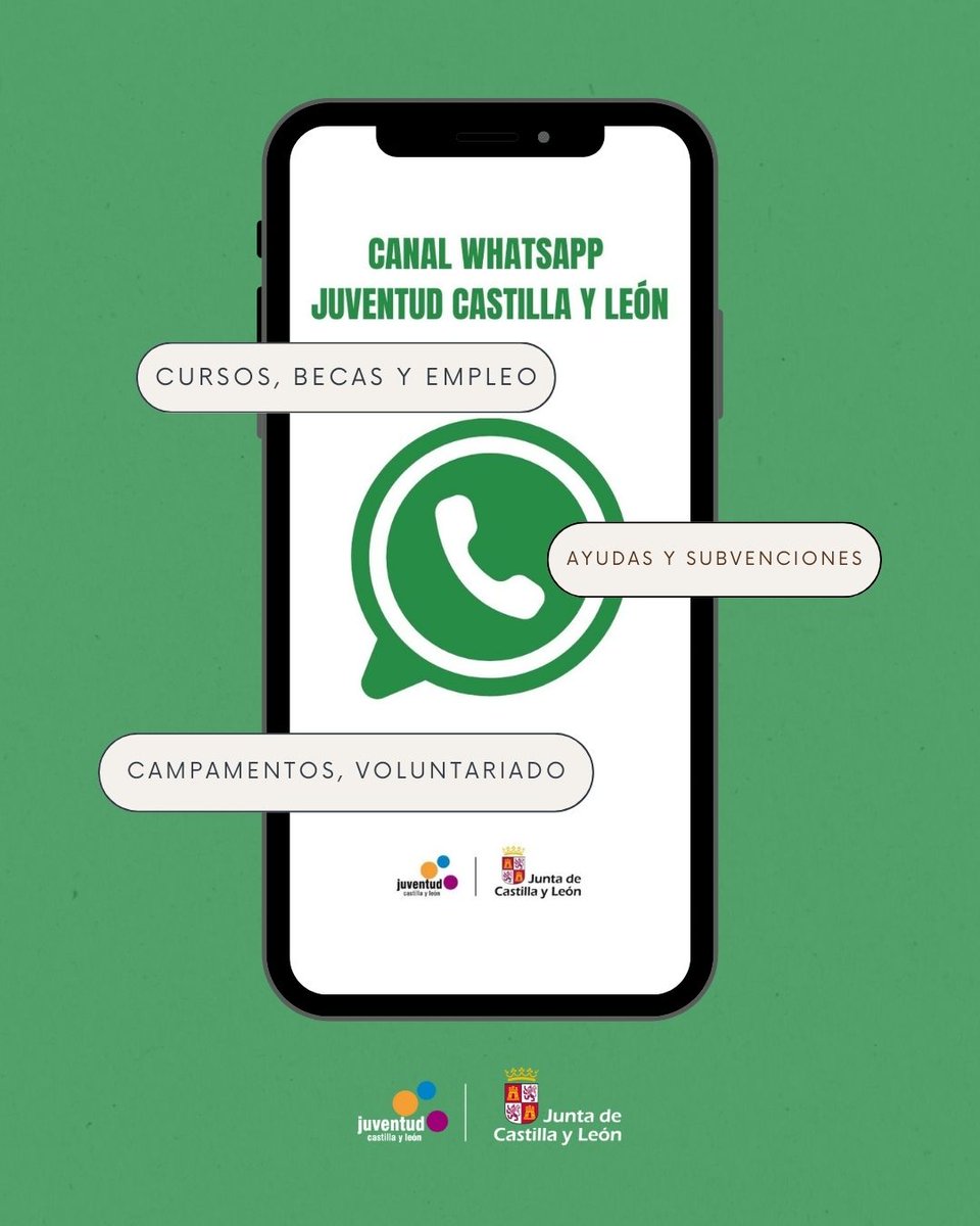 jcyl's tweet photo. ‼️Si eres joven, esto te interesa

📲Recibe en tu móvil información de ayudas, convocatorias, ofertas de empleo, cursos, campamentos y actividades a través del canal oficial de whatsApp de @JuventudCYL   

https://t.co/jJsjC34iPf https://t.co/YfGh7xneP8