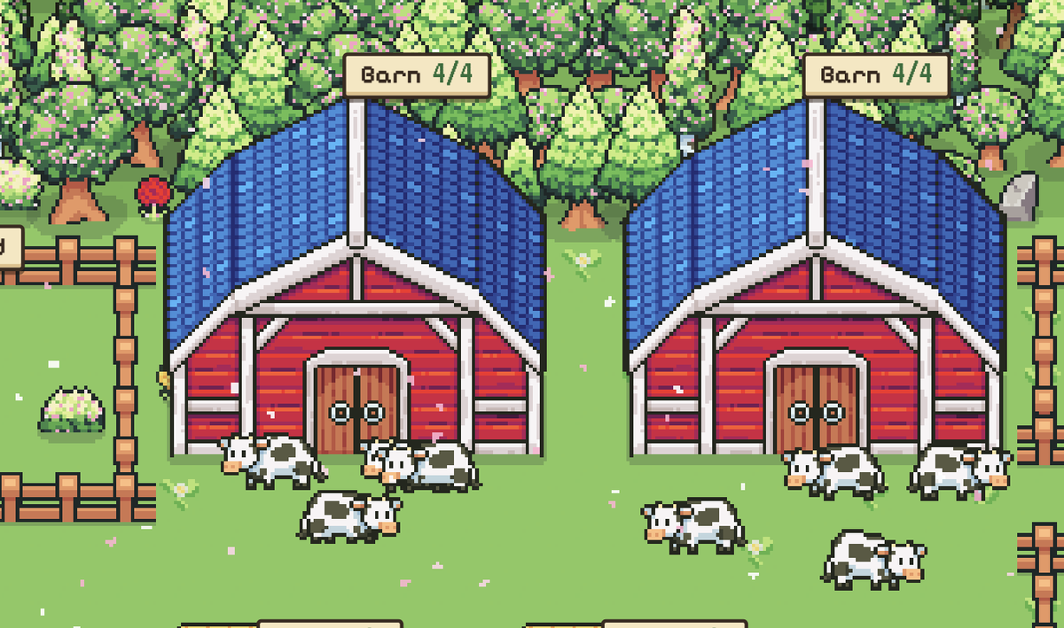 mesntari's tweet photo. 2 Barns, 4 cows each, maxed. On @farmingseasonio on Robinhood Chain, cows aren't just animals they're the start of a production chain. 1/3 https://t.co/ekxuQ8HGgu