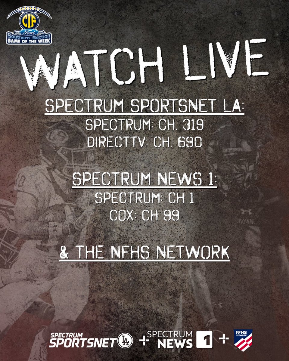 CIFSS's tweet photo. WATCH LIVE ON

📺: @SpecNews1SoCal and @SportsNetLA 

💻: @NFHSNetwork (follow the link in our bio) https://t.co/EUPh8HBJPy