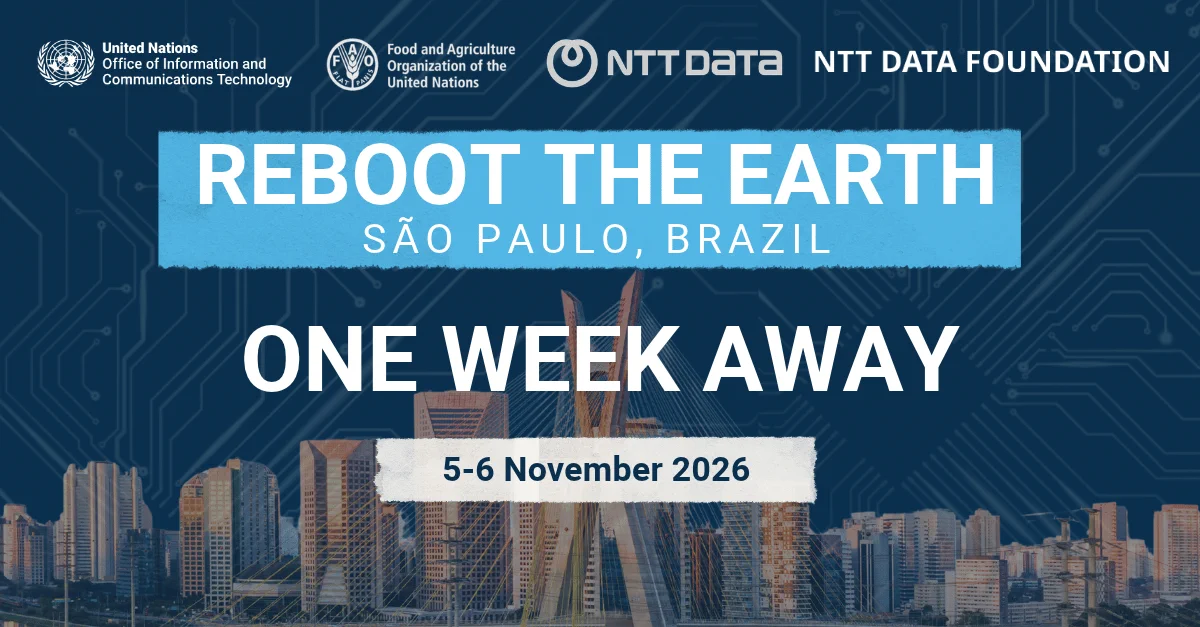 A digital poster for the "Reboot the Earth" event in São Paulo, Brazil, happening on 5-6 November 2026. Logos of the United Nations, NTT DATA, and NTT DATA Foundation are visible. Background features a city skyline.