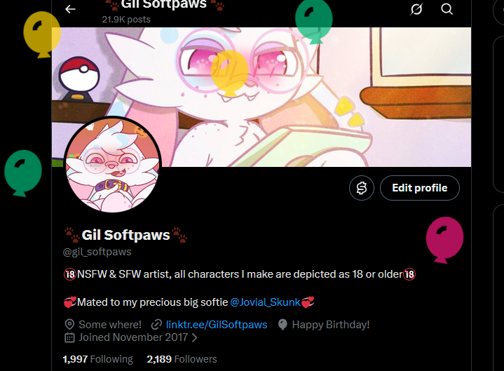 gil_softpaws's tweet photo. My profile is attacked by balloons once again! Its my birthday bwah >//<
I have been very tight irl with work and moving and a lot of my life changing, but I miss all of you TwT 
Hoping I can get to drawing and posting again soon<3 https://t.co/ytpcdZG1ic