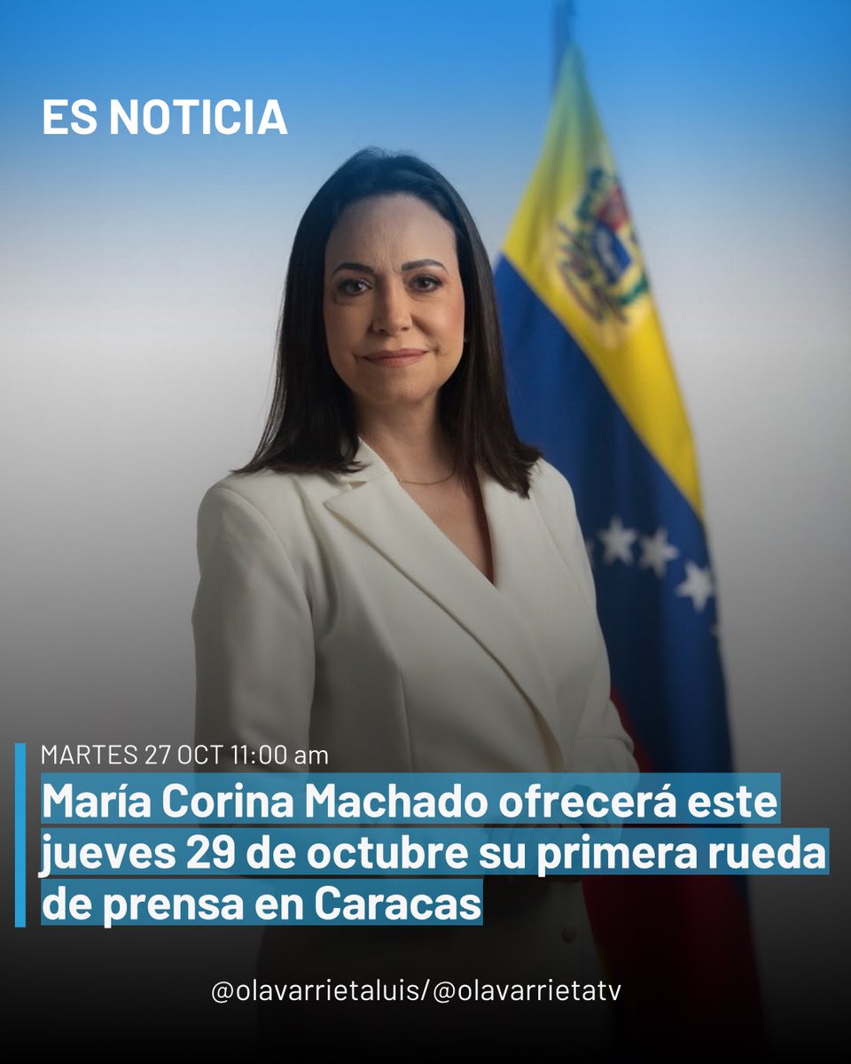 LuisOlavarrieta's tweet photo. #NACIONAL | 27 de octubre | La líder opositora María Corina Machado ofrecerá este jueves 29 de octubre su primera rueda de prensa ante medios de comunicación tras su retorno al país el pasado domingo, luego de 10 meses en el exilio. Tras su llegada, la dirigenta acudió a la Basílica de la Divina Pastora en Barquisimeto y realizó un recorrido por los estados centrales hasta llegar a Caracas junto a su equipo y simpatizantes.