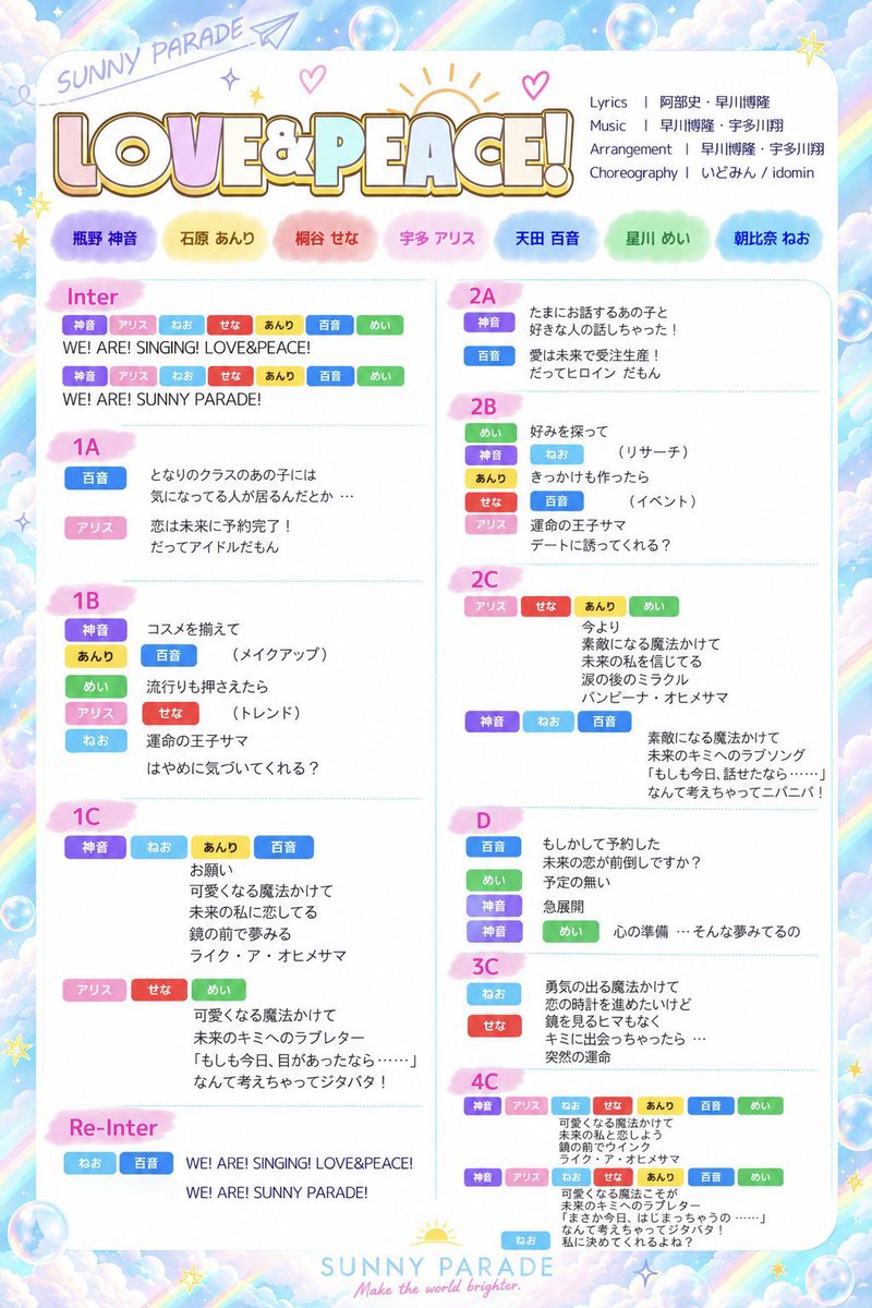 A_Oasis_As_Hot's tweet photo. 歌割表見ながらじっくり聴くと1Aと2Bのアリスの少し鼻にかかった歌声が良いアクセントになってるし、3C落ちサビのねおちの歌声が切なかわいい。あと狙ってるかわからんけど"バンビーナ"でおじさんちょっと泣く😢#SUNNYPARADE #サニパ https://t.co/3qIgbmwUhH