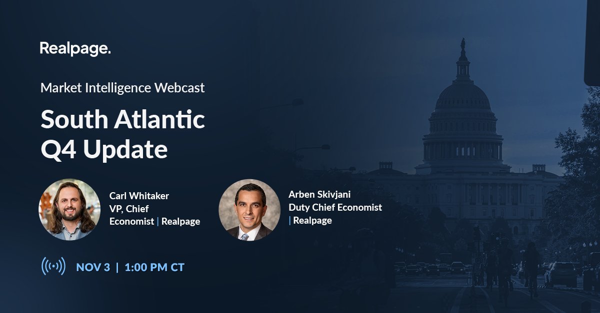 Realpage's tweet photo. Performance trends across the South Atlantic are beginning to shift, but the story is far from uniform. From demand-side disruptions in the Mid-Atlantic to supply pressures across the Carolinas, market fundamentals continue to evolve heading into 2027.

Join Realpage's Carl Whitaker and Arben Skivjani on November 3rd for our Market Intelligence: South Atlantic Q4 Update webcast as they break down the latest apartment market data, explore submarket-level trends, and share RealPage's outlook for 2027 and beyond across key markets from Washington, D.C. to North Carolina. 

Register today: https://t.co/en5Wujx5Qi

#Multifamily #MarketIntelligence #ApartmentMarket #RealPage #RealEstateAnalytics