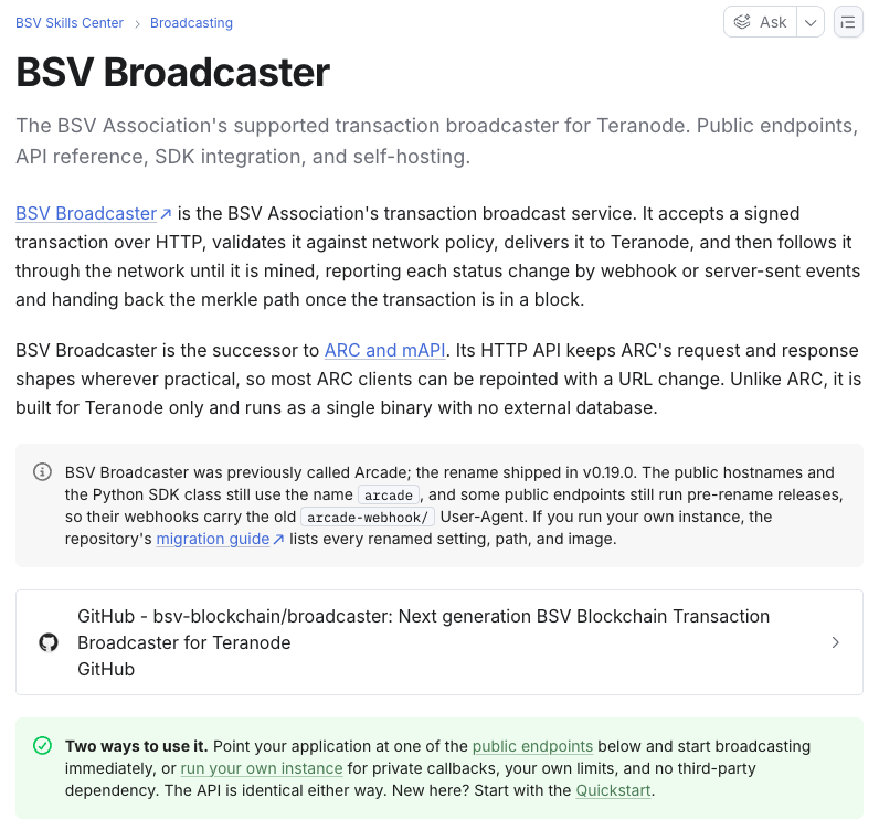 BSVAssociation's tweet photo. Arcade just got a new name & a promotion. 🚀
Developers using ARC or Arcade to send transactions to the BSV blockchain, read on - this is for you.

TL;DR
► Arcade is now called BSV Broadcaster, the supported broadcaster for the BSV blockchain
► BSV Broadcaster replaces ARC
► Using the https://t.co/82TbB3Vwfz instance? It closes 30 Nov. Users have been notified by its provider.