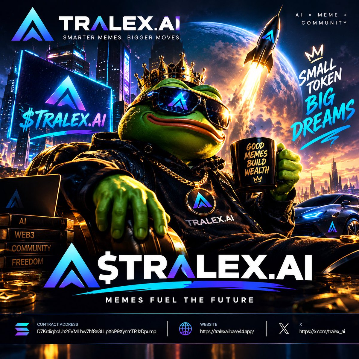 MillionaireG666's tweet photo. 👑 $TRALEX.AI — SMARTER MEMES. BIGGER MOVES. 🚀

AI × MEMES × COMMUNITY. The vision is bigger than the meme. ⚡

CA: D7Kr4iqboUh26VMLhw7hf8e3LLpXoP9XynmTPJzDpump

🌐 https://t.co/ggEhLNDEMI
𝕏 @TRALEX_AI 

#TRALEXAI #Solana #Crypto #MemeCoin https://t.co/kcsBsYp8Dd