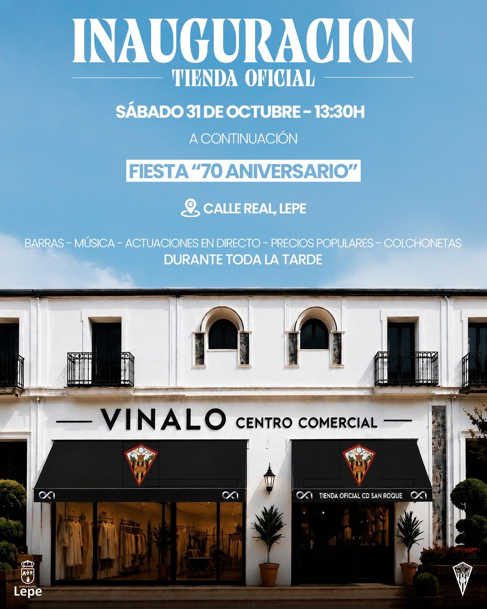 SanRoqueLepe's tweet photo. 📄 𝟕𝟎 𝑨𝐧𝐢𝐯𝐞𝐫𝐬𝐚𝐫𝐢𝐨 | Eventos

Estos serán los eventos que realizará nuestro primer equipo el próximo Sábado 31 de Octubre y el Miércoles 2 de Diciembre debido al 70 aniversario de nuestra entidad.

🎊 El Sábado 31 inauguraremos la nueva tienda oficial del club y, posteriormente, tendremos durante toda la tarde una fiesta en la plena Calle Real de Lepe.

ℹ️ Dispondremos de barras con comidas y bebidas a precios populares, música, DJs, artistas invitados y hasta colchonetas para los pequeños sanroquistas.

Durante los próximos días continuaremos ampliando la información sobre la fiesta.

¡No todos los días se cumplen 70 años! ¡Celebrémoslo por todo lo alto! 💛🖤