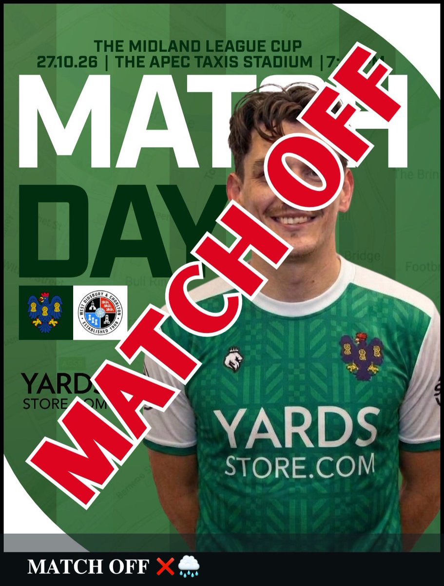 NorthwichVicsFC's tweet photo. 𝐌𝐀𝐓𝐂𝐇 𝐎𝐅𝐅 ❌🌧️

Tonight's game against West Didsbury &amp; Chorlton has been called off by the Match Officials due to a waterlogged pitch.

A new date and time will be announced in due course.

#UpTheVics | #GreenArmy | @MidlandLeague https://t.co/5oBdZRCIKt
