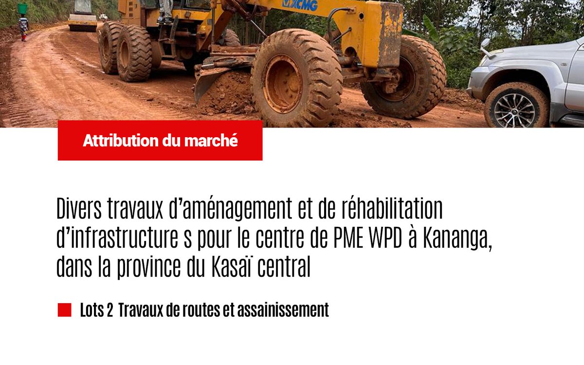 RdcTransforme's tweet photo. Le Projet TRANSFORME RDC publie l’avis d’attribution du lot 2 relatif aux travaux de routes et d’assainissement du Centre des PME WPD à Kananga, dans la province du Kasaï-Central.
Plus d’informations :
https://t.co/Xo1uLEzDjQ

#TRANSFORMERDC #Kananga #KasaïCentral #PME

Choix éditoriaux : les formulations annoncent l’attribution sans présenter les travaux comme déjà exécutés. Le lien officiel est maintenu dans chaque version et le nombre de mots-dièses est réduit sur https://t.co/FGiXwqU6Ku.