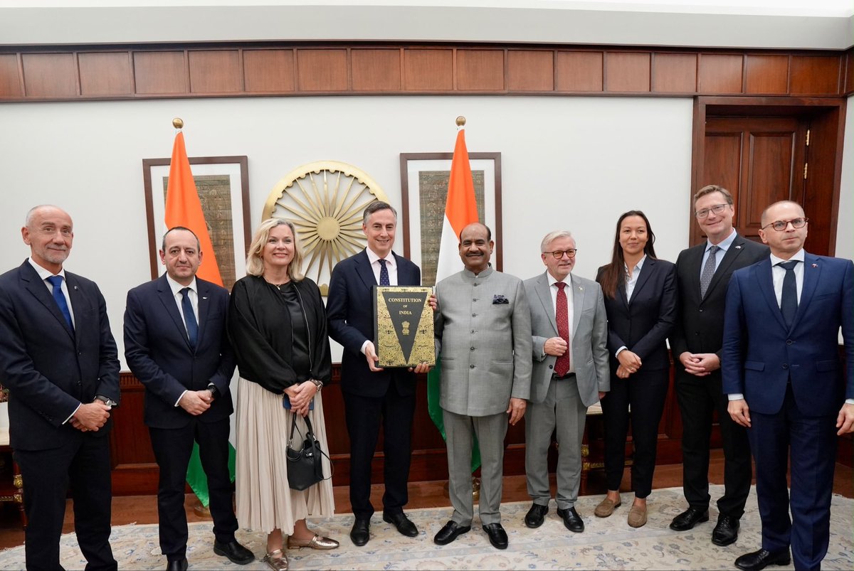LokSabhaSectt's tweet photo. Lok Sabha Speaker Shri Om Birla held an interaction with a delegation of the European Parliament’s Committee on Foreign Affairs, led by its Chair, Mr. David McAllister.

He underscored the shared democratic values, pluralism and diversity underpinning India–EU relations, emphasising the importance of parliamentary diplomacy in strengthening bilateral ties.

The discussions focused on enhancing cooperation in trade, technology, innovation, clean energy, security and defence, as well as expanding parliamentary exchanges and people-to-people engagement.

Shri Om Birla also spoke about initiatives undertaken by the Indian Parliament to promote transparency, accessibility and the people-centric, responsible and accountable use of emerging technologies, including Artificial Intelligence.

@loksabhaspeaker @ombirlakota @davidmcallister @MEAIndia @sansad_tv