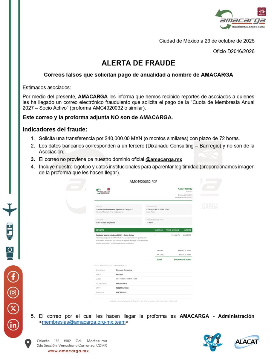 AMACARGA's tweet photo. ⚠️ ALERTA DE FRAUDE – AMACARGA

Circulan correos falsos que solicitan pago de la “Cuota de Membresía Anual 2027”.

NO son de AMACARGA, piden transferencia de 

Recuerda que nuestro dominio es @amacarga.mx

No pagues ni des datos. Elimina el correo de inmediato. https://t.co/rTnj3A6ROw