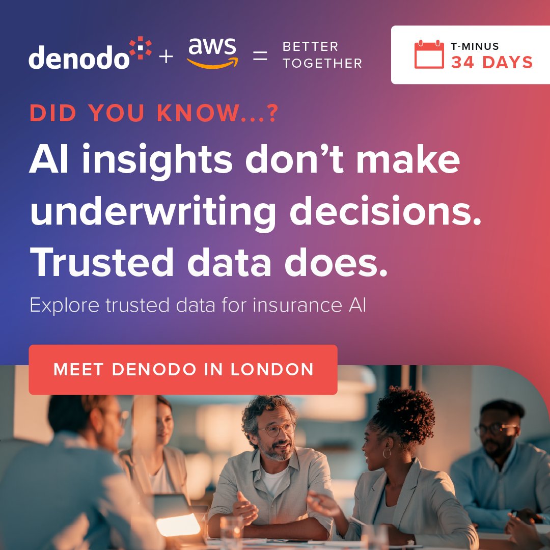 denodo's tweet photo. 🚀 T-minus 34 days to AWS #reInvent 2026!

🤝 #Denodo + #AWS = #BetterTogether.

💡 Data drives better #AI-powered underwriting.

🏅 Meet us at #InsuranceInnovators London. Join Lloyd Rushton-Jones on Nov 3 at 13:00. Booth 42 in the @awscloud experience! https://t.co/WOS0AKazw3 https://t.co/1TMaemVgMj