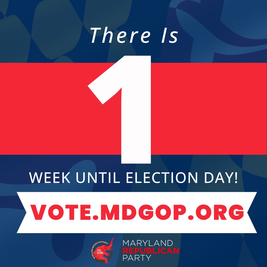 MDGOP's tweet photo. 🚨ONE WEEK LEFT UNTIL ELECTION DAY!🚨

It is time to get prepared, make a plan to vote, find your polling location, and make sure you and your family, friends, and neighbors are ready for Election Day.

Get everything you need to know at https://t.co/sIthYWLB9U https://t.co/0M4AtHNOLJ