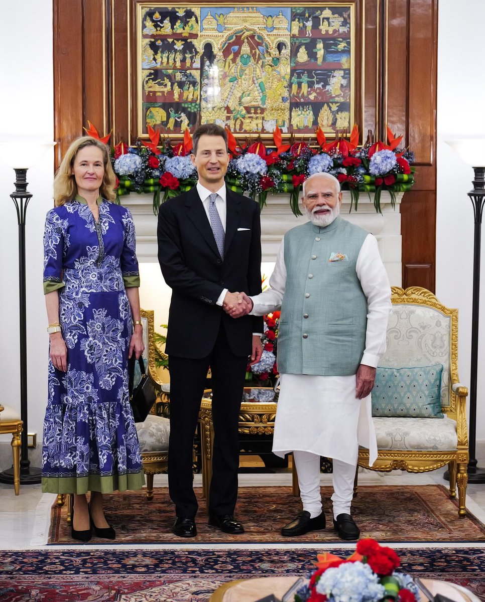 narendramodi's tweet photo. Had an excellent meeting with His Serene Highness Hereditary Prince Alois of Liechtenstein.

Our discussions were wide-ranging and focused on strengthening India-Liechtenstein relations across several sectors. 

We reviewed the progress under the historic India-EFTA Trade and Economic Partnership Agreement (TEPA), which has completed its first year and discussed opportunities for greater investment and economic cooperation.