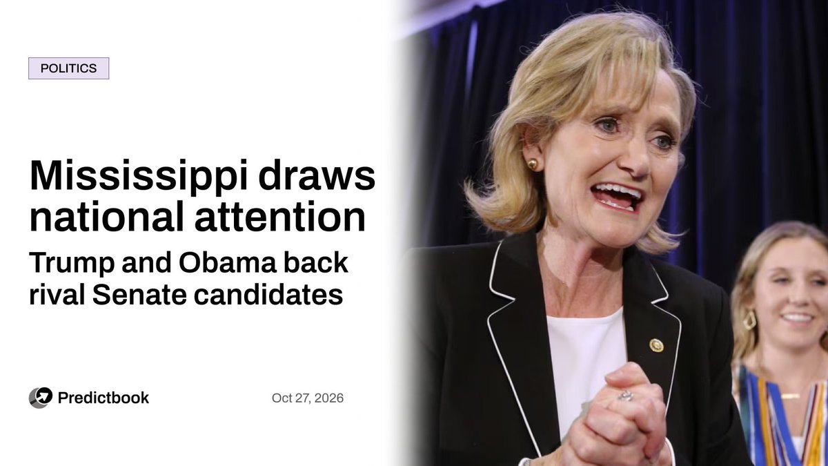 Predictbook's tweet photo. 🇺🇸 Trump is rallying behind Cindy Hyde-Smith. Obama is backing Scott Colom. Mississippi’s Senate race is drawing national attention.

Polymarket gives Republican Hyde-Smith an 87% chance of reelection, versus 14% for Democrat Colom. A Change Research poll puts voter support much closer: 43% for Hyde-Smith and 40% for Colom.
