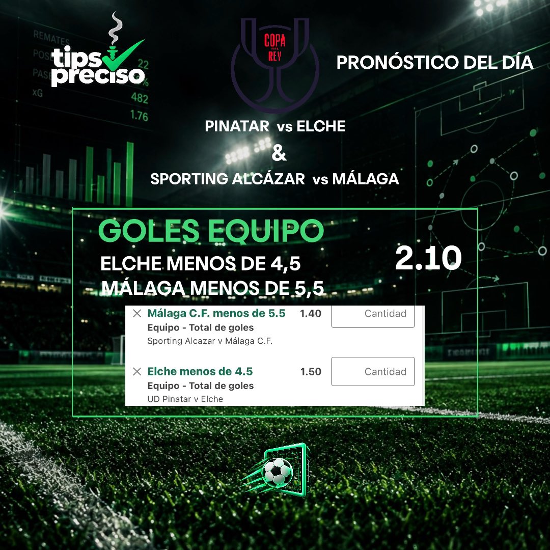 TipsPreciso's tweet photo. 🚨🏆 ¡HOY TOCA COPA DEL REY!

¿Y si los favoritos no necesitan marcar una goleada? 👀

⚽ Elche menos de 4,5 goles
⚽ Málaga menos de 5,5 goles

🔥 Combinamos ambas a 2.10.

🎙️ Análisis completo y resto de picks en nuestro canal GRATIS 👇

💚 https://t.co/x90zOF6nuA

🔞 +18 | Juego responsable