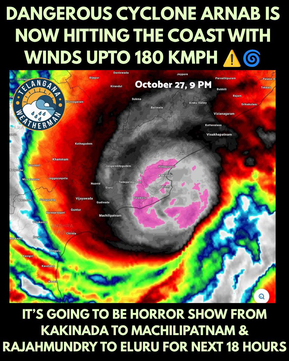 balaji25_t's tweet photo. DANGEROUS CYCLONE ARNAB is hitting the coast and LANDFALL to occur during 2 AM to 4 AM on October 28, 2026.

Even the belt from Eluru to Vijayawada will be under HEAVY RAINS overnight ⚠️🌧️

Requesting our fellow friends of effected areas to stay safe 🙏
#CycloneAlert #CyclonArnab #CycloneArnabUpdate