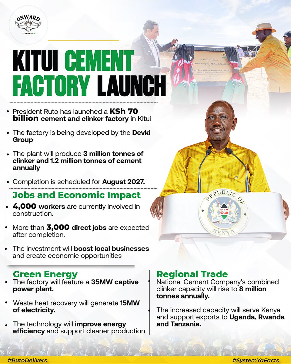 Jossmurage2's tweet photo. The KSh70B cement factory is set to create jobs, stimulate demand for local goods and services, and expand industrial activity in Mwingi North.Its impact is expected to extend beyond Kitui by strengthening Kenya's manufacturing sector and regional trade links
#KituiCementFactory https://t.co/TqZjzzO5Eb