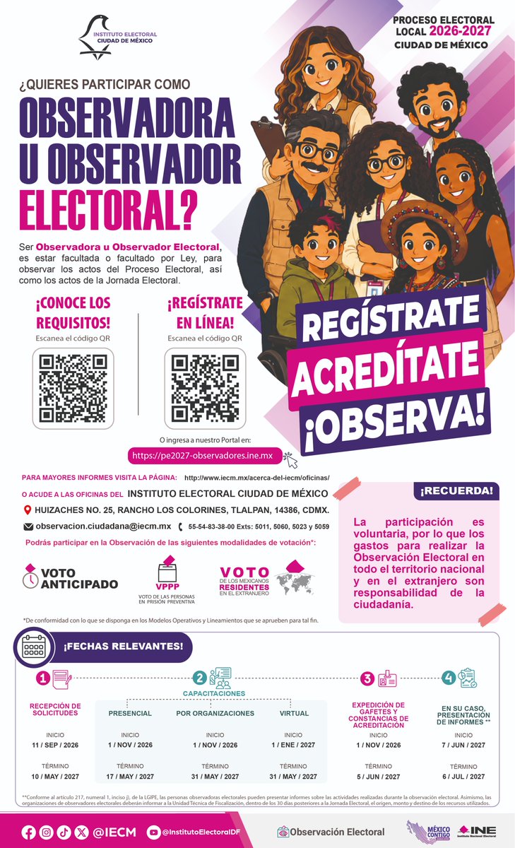 Distrito31IECM's tweet photo. El Instituto Electoral de la Ciudad de México les invita a participar como persona OBSERVADORA ELECTORAL en el Proceso Electoral Local Ordinario 2026-2027 en la Ciudad de México https://t.co/LxZADSq0yX