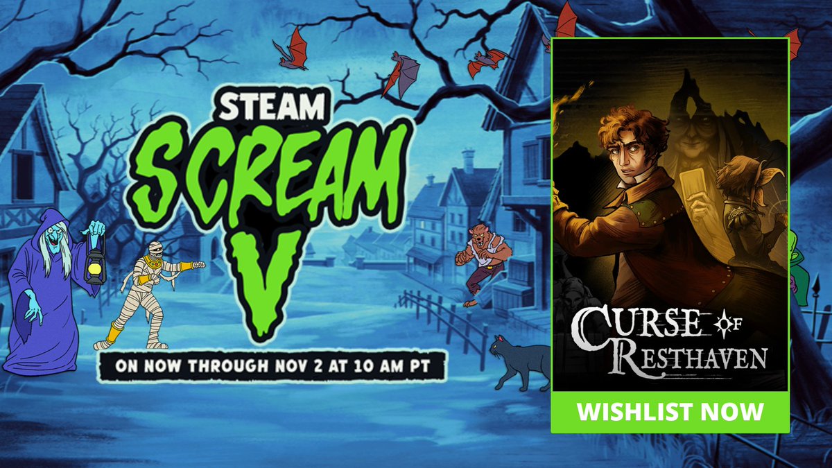PlayHilltop's tweet photo. Interrupting my obsessive browser refreshing as reviews roll in to bring you news: Curse of Resthaven is part of #SteamScreamV! 🎃

Play our gothic horror demo as we count down to release Thursday, when the game will be on sale as part of the fest!

Happy horror gaming, folks!!! https://t.co/BCwzestQDC