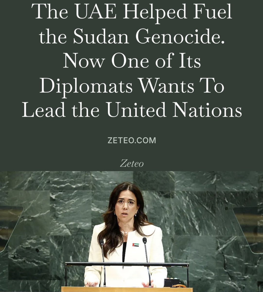 mehdirhasan's tweet photo. Perhaps the UAE's candidate for UN Secretary-General Lana Nusseibeh "could begin by explaining why her own government has been repeatedly implicated in helping fuel the genocidal catastrophe in Sudan."

My latest piece for Zeteo on a big scandal at the UN:
https://t.co/1sz3xJgBuz https://t.co/3GJC1awf7N