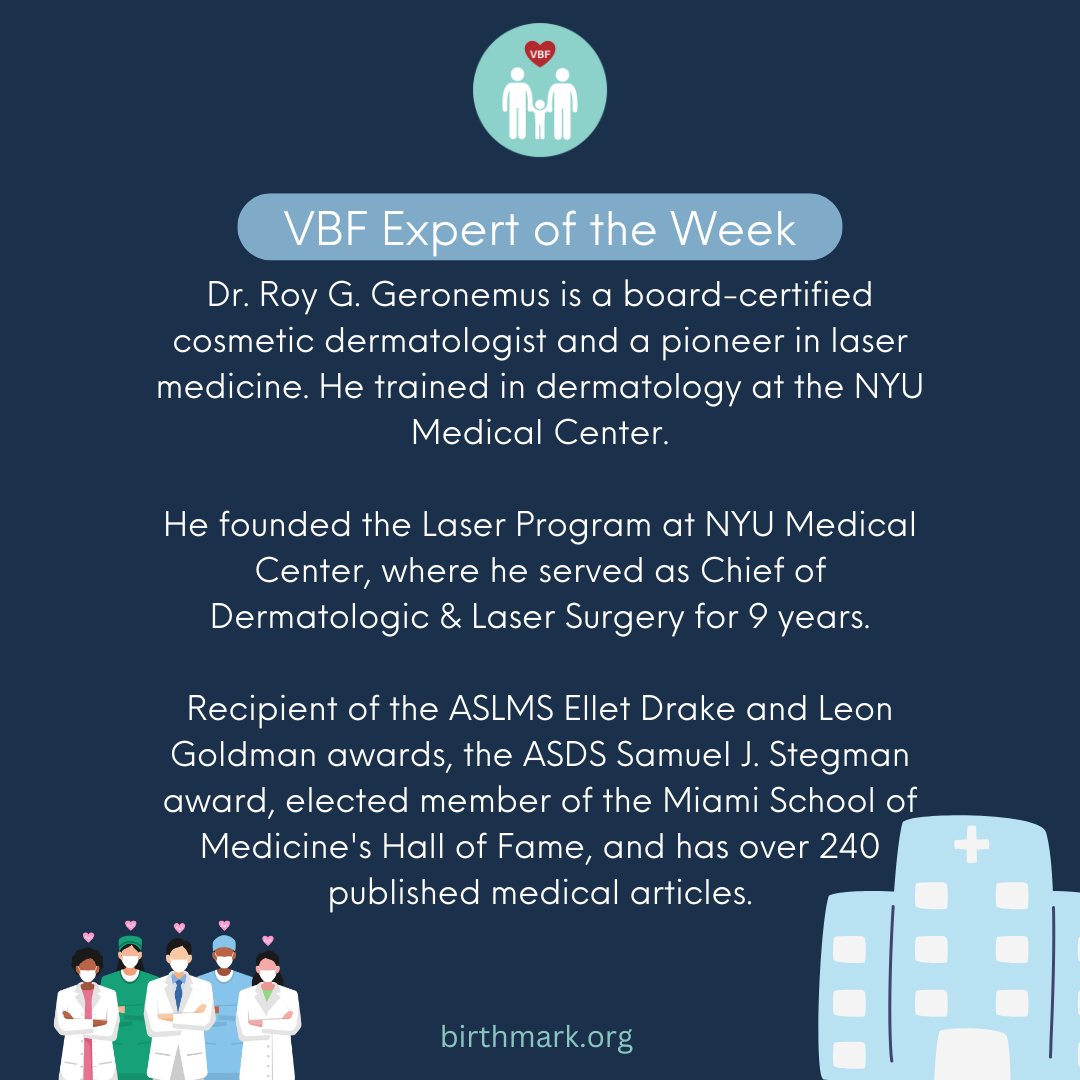 VBirthmarks's tweet photo. Presenting our VBF Expert of the Week!

Dr. Roy G. Geronemus

Leave a review about this expert here: https://t.co/N3bvimuKu1

Contact or read more about this Expert by visiting one of the links below:
https://t.co/sMlxLjZYuY 

#ExpertOfTheWeek #VascularAnomalies #VBF https://t.co/3gfQK6Nwf6