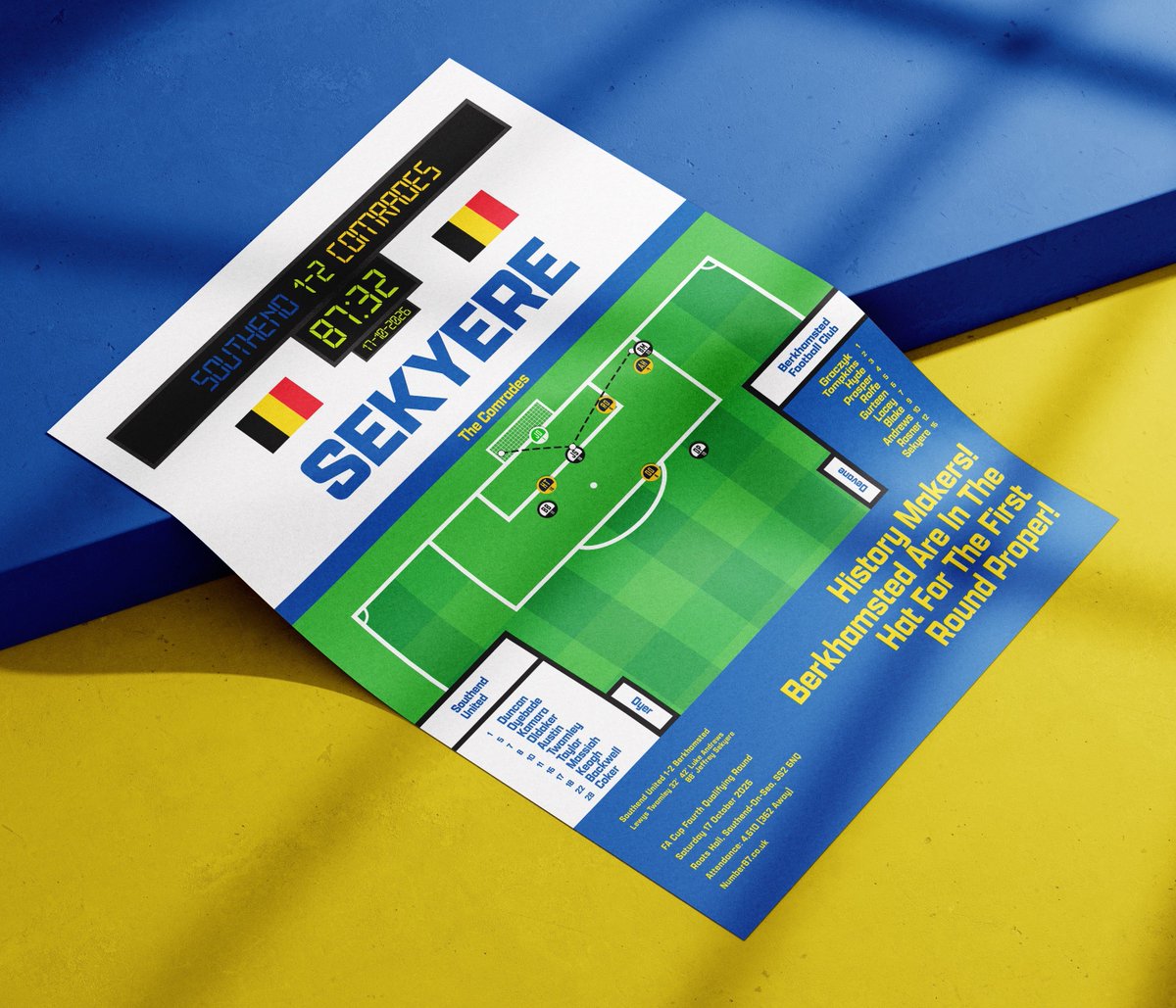 Number87Prints's tweet photo. New Poster! 🟡 🔵 Berkhamsted FC into the First Round Proper of the FA Cup for the first time!

This poster includes all the details of Berkhamsted's historic win and Jeffrey Sekyere's winning goal. Perfect gift for any Berkhamsted fan!
Available on Etsy

#UpTheComrades #BerkoFC https://t.co/2t4evfEbyI