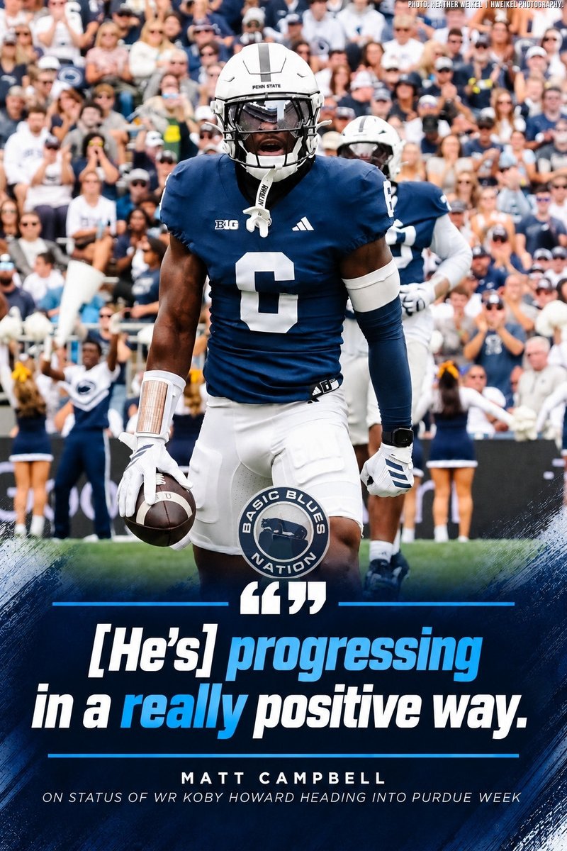 basicblues's tweet photo. Matt Campbell says Koby Howard is progressing, but is still questionable leading up to Saturday vs. Purdue: 

“I think last week I said probably questionable for this week, and I think still the same from that point. Progressing in a really positive way. And I think we’ll know a lot more by the time we get to the end of the week if he would be available to play this week. He was out on the practice field today, so that was a positive for sure.”

📸: @hweikelphoto 

#WeAre #PennState
