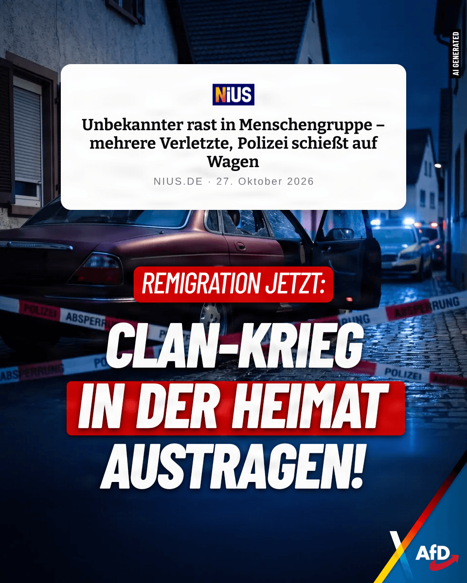 AfD's tweet photo. Ausländische Kriminelle dürfen ihre Konflikte nicht in deutschen Wohngebieten austragen. Die AfD fordert die sofortige Abschiebung von Straftätern und die konsequente Wiederherstellung der inneren Sicherheit in unserem Land.

Quelle: https://t.co/5Md7UVoGey https://t.co/X9MiEtlU40