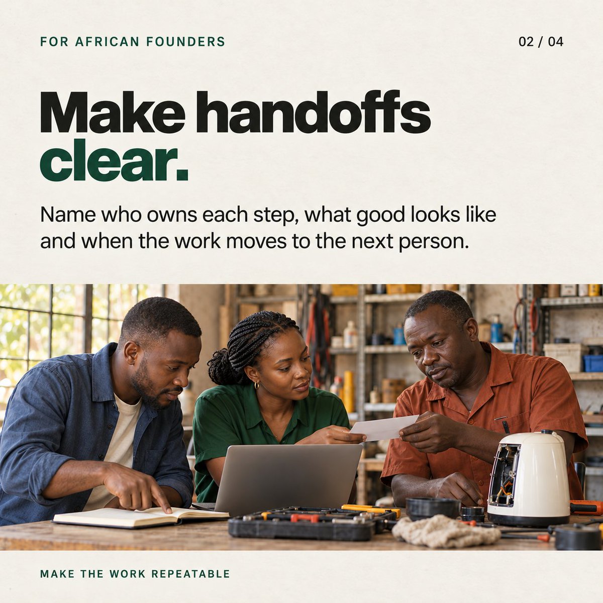 seunsanni1's tweet photo. Scaling gets easier when good work can be repeated. Write the steps that create value, make each handoff clear and update the playbook whenever the process breaks. Keep it short enough to use.
#AfricanFounders #StartupOperations #TeamBuilding https://t.co/wvhcUGN4fI