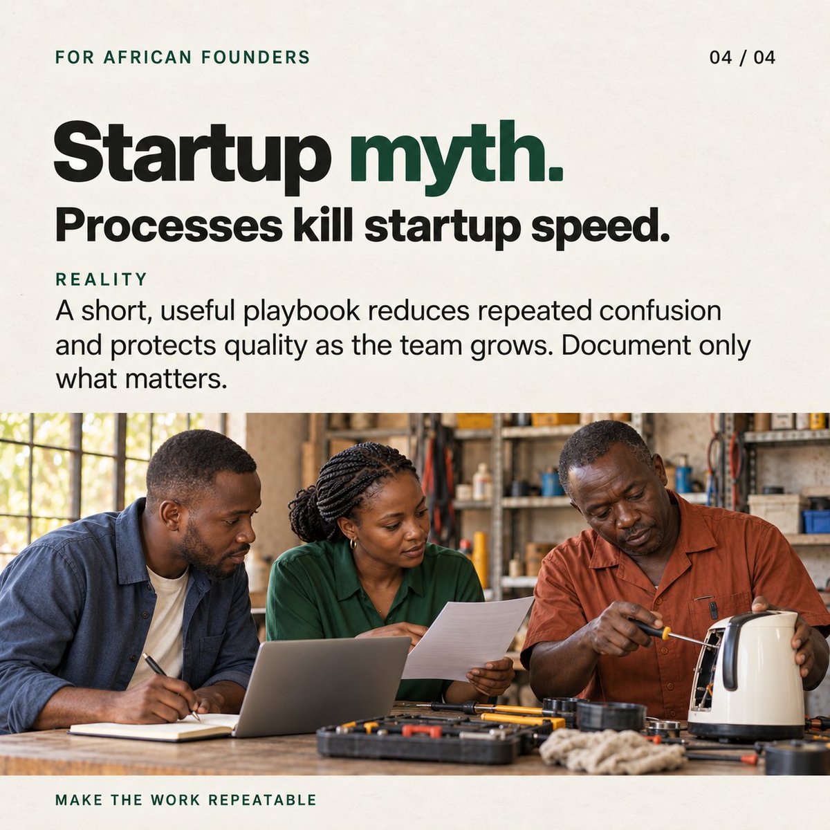 seunsanni1's tweet photo. Scaling gets easier when good work can be repeated. Write the steps that create value, make each handoff clear and update the playbook whenever the process breaks. Keep it short enough to use.
#AfricanFounders #StartupOperations #TeamBuilding https://t.co/wvhcUGN4fI