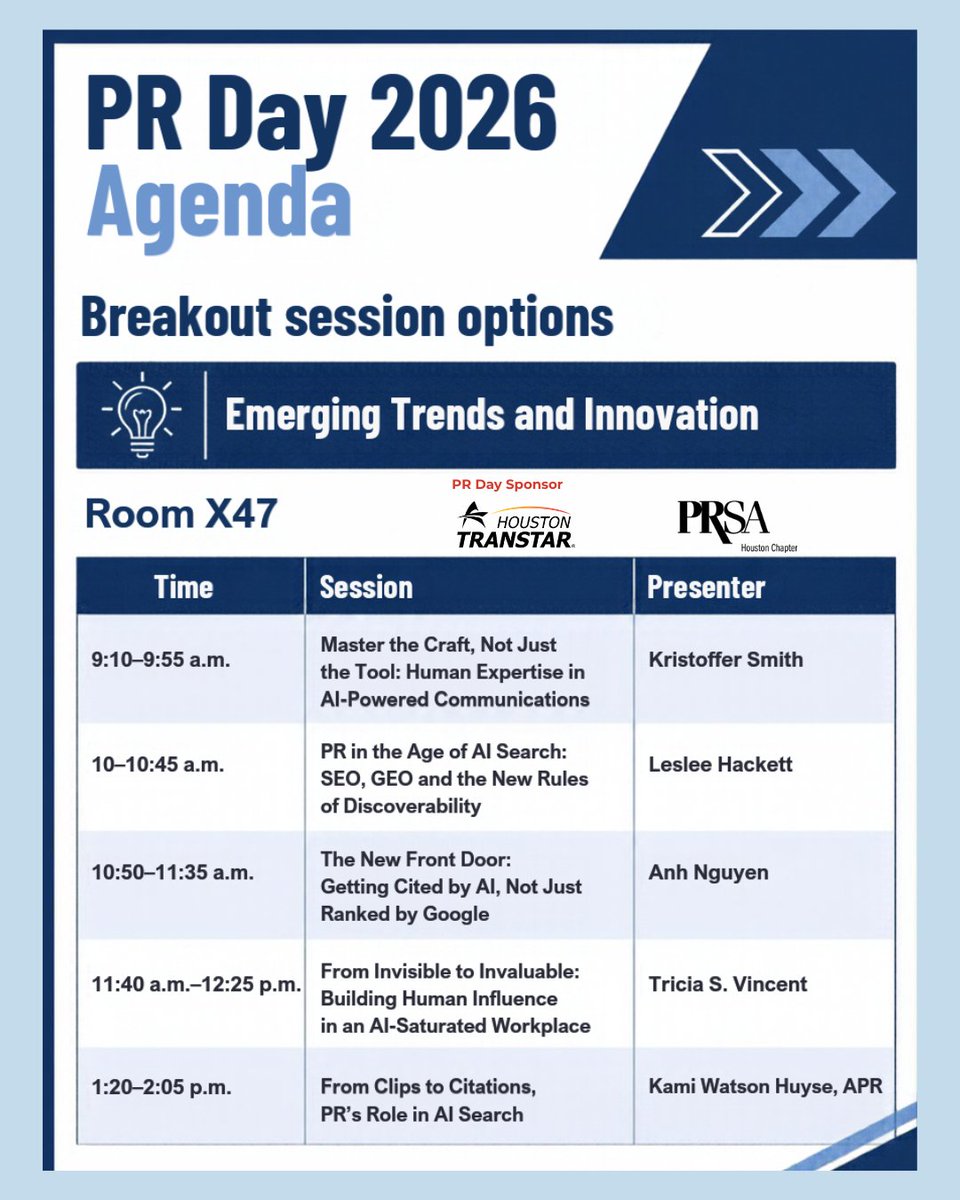 PRSAHouston's tweet photo. PR DAY 2026 IS ALMOST HERE! HAVE YOU BUILT YOUR AGENDA? 

📅 Wednesday, October 28, 2026
📍 TMC Innovation Factory | Houston’s Medical Center

Haven’t registered yet? There’s still time! View the agenda and register: https://t.co/P8LDkZlAgs https://t.co/poqeIEFL7r