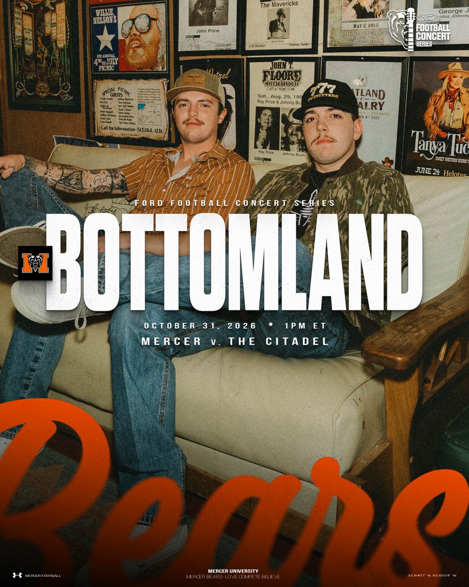 MercerBears's tweet photo. The Ford Concert Series returns to Black Field this Saturday!

Join us as Bottomland takes the stage at 1 PM, with Cam Smith kicking things off at 12 PM as part of our Homecoming festivities before Mercer takes on The Citadel.

🎟️ Get Game Tickets Now!
➡️ https://t.co/mGeZMkO5Pu https://t.co/xuTVeCSJLI