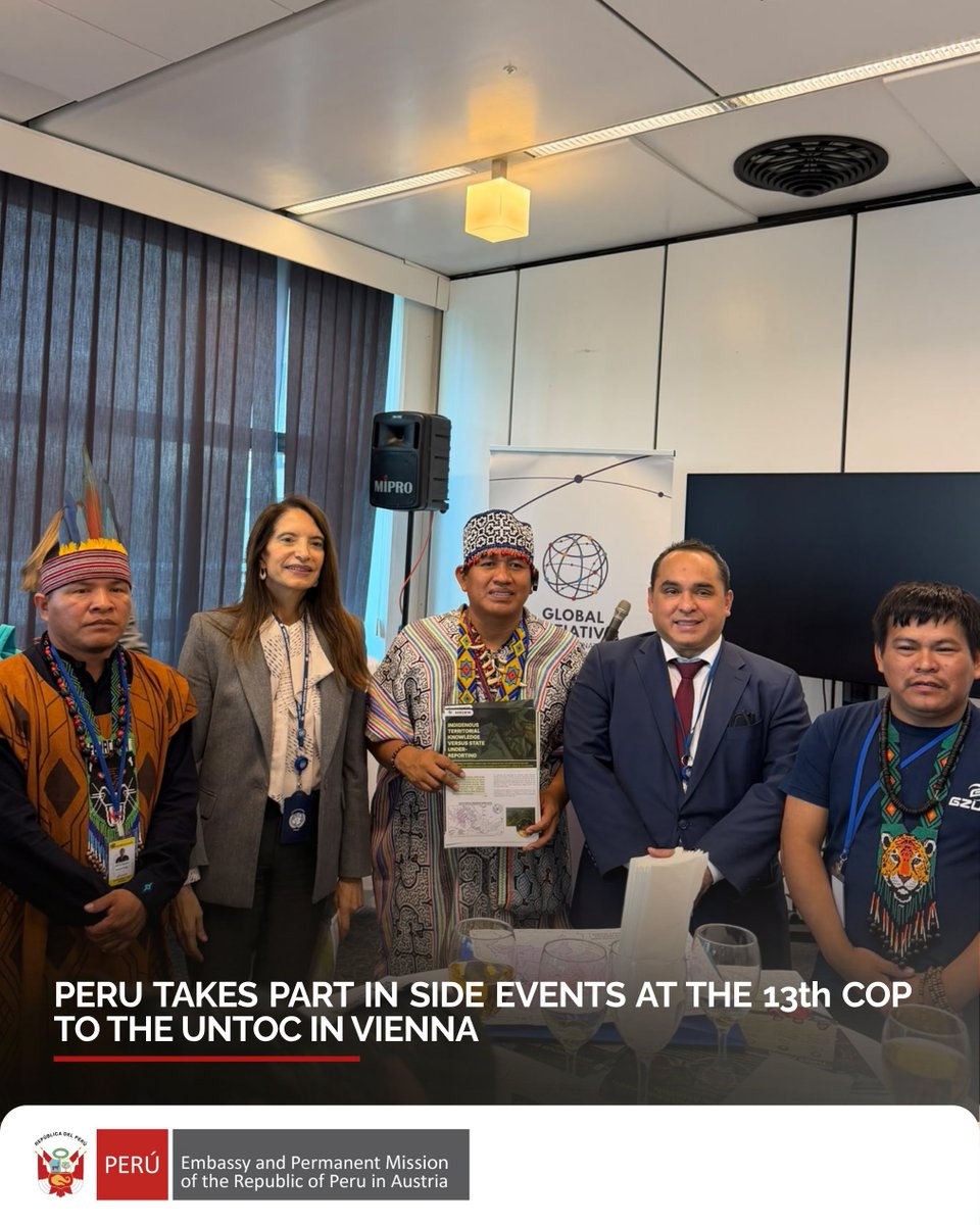 PeruinAustria's tweet photo. #PeruatUNVienna 🇵🇪 🇺🇳 | At #UNTOC COP13, the Peruvian delegation engaged in side events on tackling environmental crimes, protecting Amazonian indigenous rights, #ACTO cooperation, and the progress made under the Santiago Regional Commitment against transational organised crime. https://t.co/yQl6yL8XZM