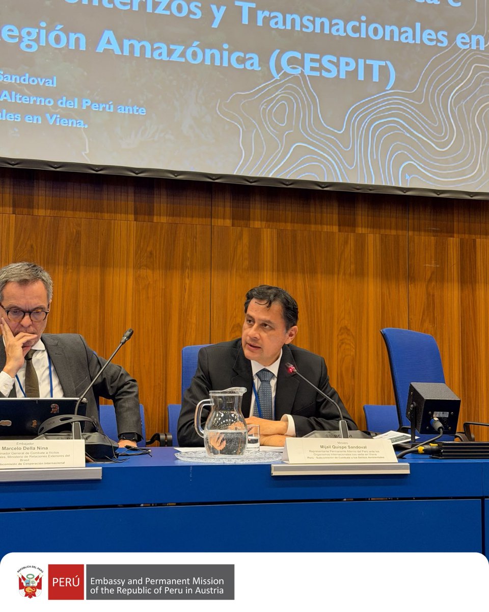 PeruinAustria's tweet photo. #PeruatUNVienna 🇵🇪 🇺🇳 | At #UNTOC COP13, the Peruvian delegation engaged in side events on tackling environmental crimes, protecting Amazonian indigenous rights, #ACTO cooperation, and the progress made under the Santiago Regional Commitment against transational organised crime. https://t.co/yQl6yL8XZM