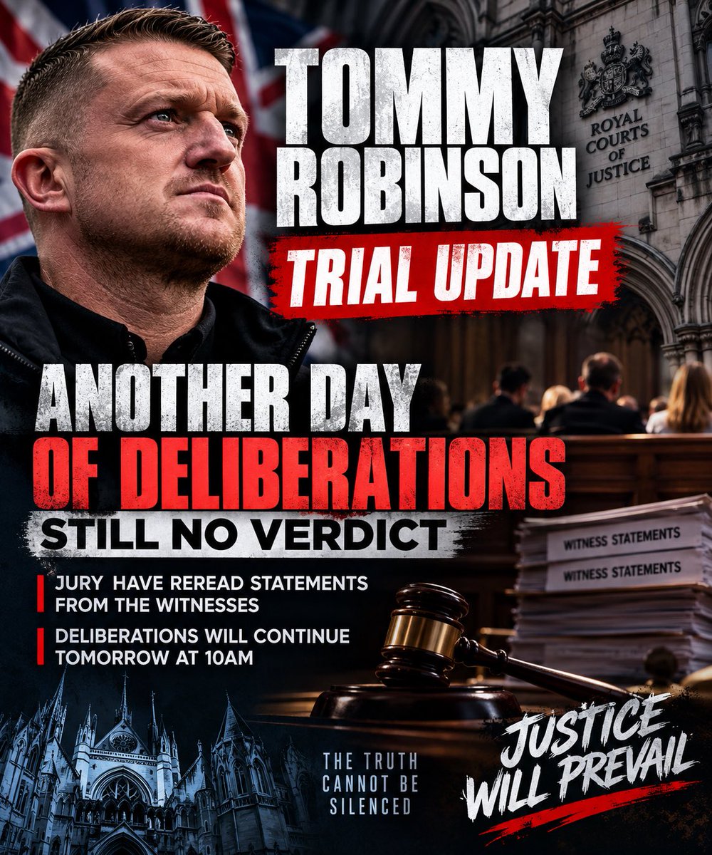 buckspatriots's tweet photo. TOMMY ROBINSON TRIAL UPDATE — ANOTHER DAY OF DELIBERATIONS, BUT STILL NO VERDICT

The jury has concluded another day of deliberations at Southwark Crown Court, with no verdict reached.

During today’s proceedings, jurors reportedly revisited witness statements as they continued considering the evidence.

The case has now been adjourned until 10 AM TOMORROW, WEDNESDAY 28 OCTOBER.

Tommy Robinson, whose legal name is Stephen Yaxley-Lennon, denies two charges of harassment causing fear of violence involving journalists Andrew Young and Jacob Dirnhuber.

THE WAIT FOR A VERDICT CONTINUES.

Whatever your personal views of Tommy Robinson, the fundamental principle of British justice remains the same: every defendant is entitled to a fair trial and the presumption of innocence.

We continue to pray for Tommy, his family, his legal team and everyone involved in these proceedings.

May the jurors be guided by wisdom, impartiality and the evidence presented before them.

LET TRUTH AND JUSTICE PREVAIL.

We will continue following developments from Southwark Crown Court.

HIT REPOST TO SHARE THE LATEST COURT UPDATE.

#TommyRobinson #SouthwarkCrownCourt #CourtUpdate #BritishJustice #TrialUpdate #UKNews #PatriotResistance