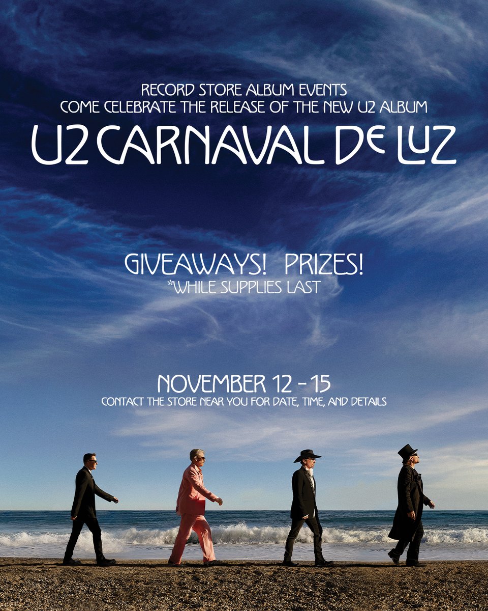 U2's tweet photo. CARNAVAL DE LUZ: GLOBAL LISTENING PARTIES

Be among the first to hear our new album, Carnaval de Luz, at participating record stores around the world from 12 - 15 November.

Find your nearest listening party and the full list of participating stores at the link in our bio. https://t.co/vbaewUEYmN