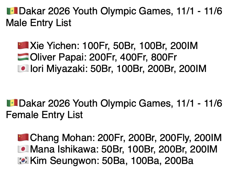 swimcoverage's tweet photo. 🇸🇳Dakar 2026 Youth Olympic Games

11/1 - 11/6 https://t.co/CBfp9JCNQv