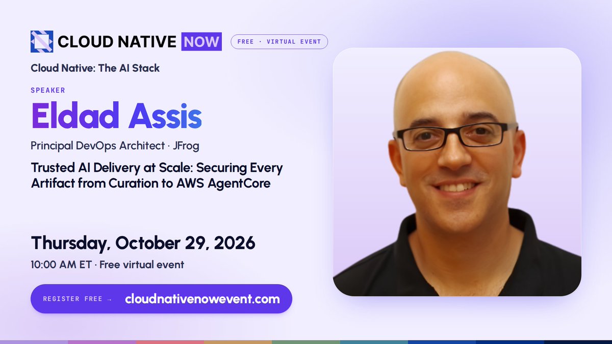 ContainerJrnl's tweet photo. A trustworthy AI deployment starts with the artifacts that reach production.

Join Eldad Assis of @jfrog and Arik Yakir of @awscloud at Cloud Native Now 2026 for a practical look at securing the AI delivery pipeline.

Explore dependency approval and vulnerability scanning before production deployment. See how artifact security can become part of the process teams use to build and release AI applications.

📅 October 29 | 10:00 AM ET
💻 Free virtual event

Register free 👉 https://t.co/l7D3KsCZR3

#SoftwareSupplyChain #AISecurity #DevSecOps #CloudNative